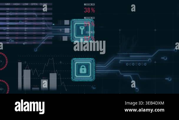 Animation of media icons and data processing on black background ...