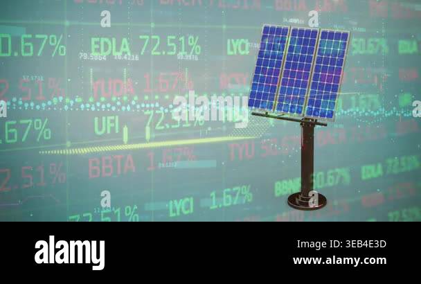 Animation of financial data processing over solar panel on grid ...