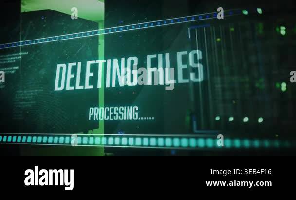 Animation of deleting files, processing text on interface over computer ...