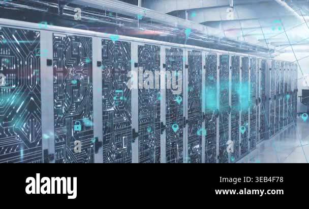 Animation of mathematical equations, icons and data processing over ...