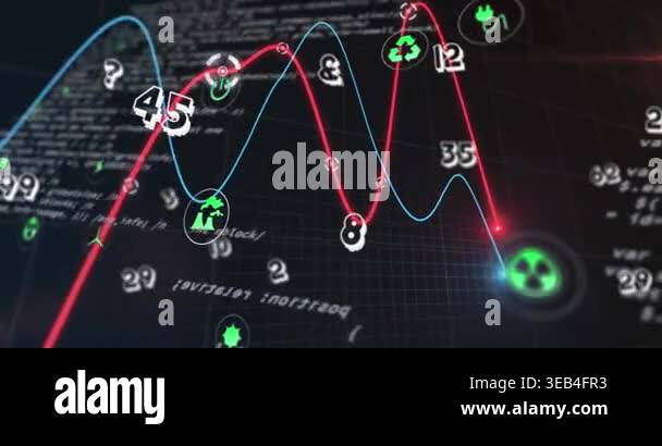 Animation of changing numbers, digital icons and data processing ...