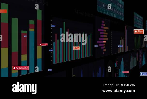 Camera starting sweep, data wall revealing stacked bars, charts, badges ...