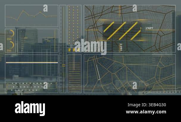 Animation of interface with data processing against aerial view of ...