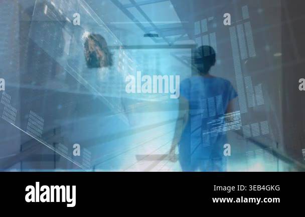 Animation of globe, moving lines, graph, codes over rear view of ...