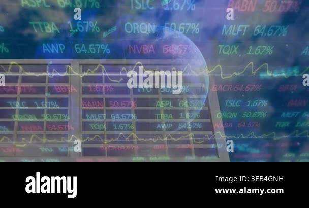 Animation of financial data processing over globe and solar panel ...