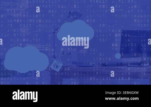 Animation of data processing and clouds icons over blue background ...