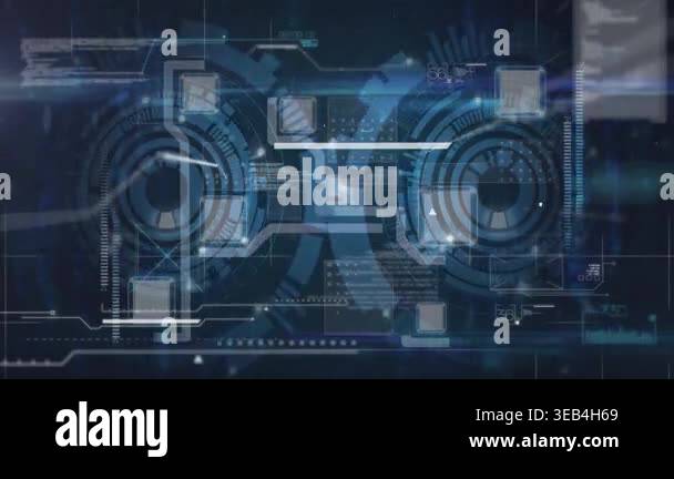 Circuitry Panel Interface Dark blue layout revealing, HUD interface showing rotating dials ...