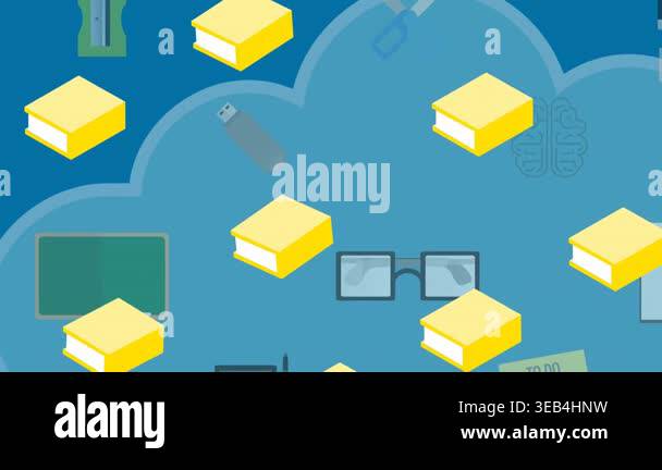 Animation of school items icons over clouds on blue background. Back to ...