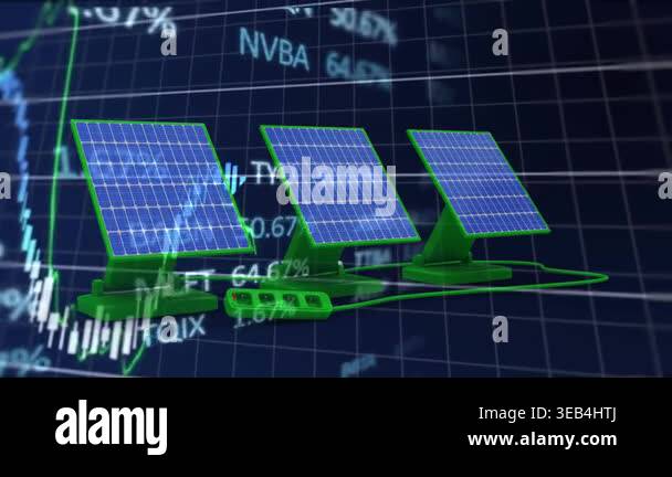 Animation of statistics and financial data processing over solar panels ...