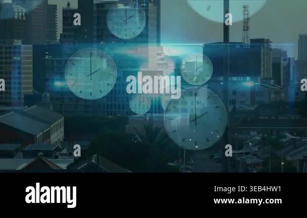 on start faint analog clocks appearing, drifting over skyline, blue ...