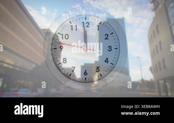 Faint analog clock overlay appearing, rotating red hand left to show ...