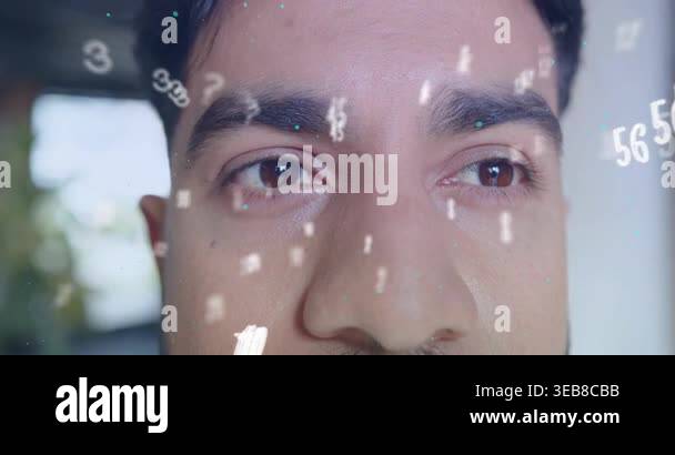 Closeup man staring, transparent tech overlay activating, digits ...