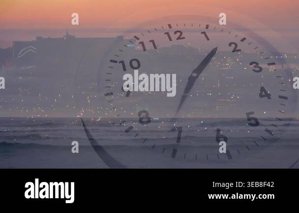 Translucent clock face appearing over city and ocean, hands rotating ...