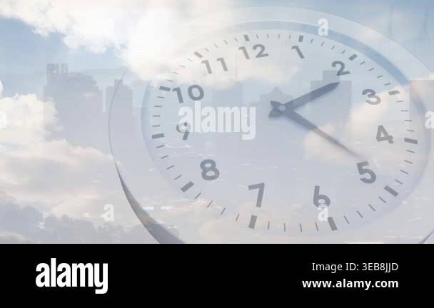 Sequence starting, faint analog clock sweeping hands clockwise, showing ...