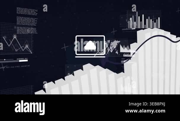 On play white 3D bar field animating while spline sweeping, laptop ...