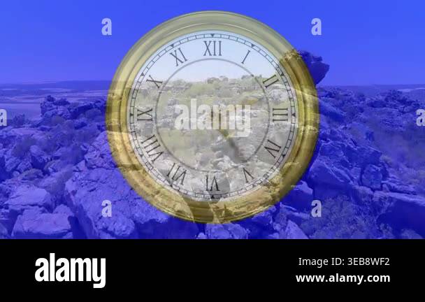 Clock face emerging, camera sliding right, hands rotating clockwise ...