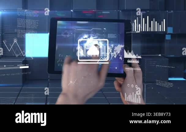 Cloud loading starting overlay user holding tablet and tapping charts ...