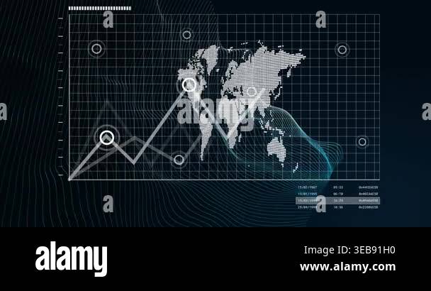 On start polyline drawing across dotted map, nodes pulsing, data ...