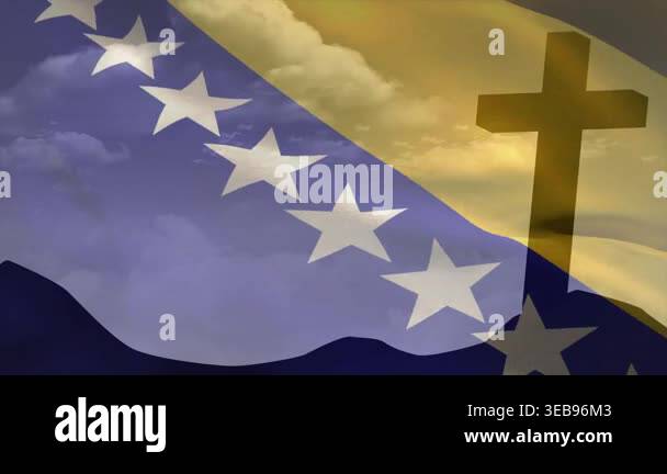 Bosnia Herzegovina flag starting rippling over hilltop cross at sunrise ...