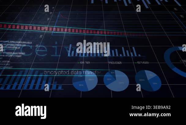 Flashing beams initiating receiving text and charts animating while ...