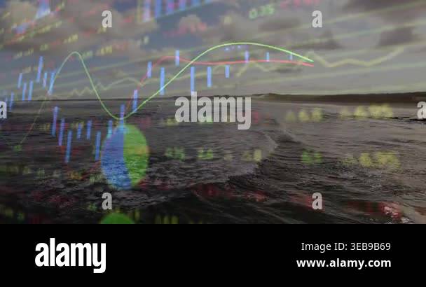 Animating financial data graphs and charts over ocean landscape for ...