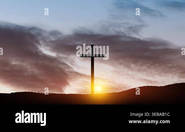 Christian cross on hill outdoors at sunrise. Resurrection of Jesus ...