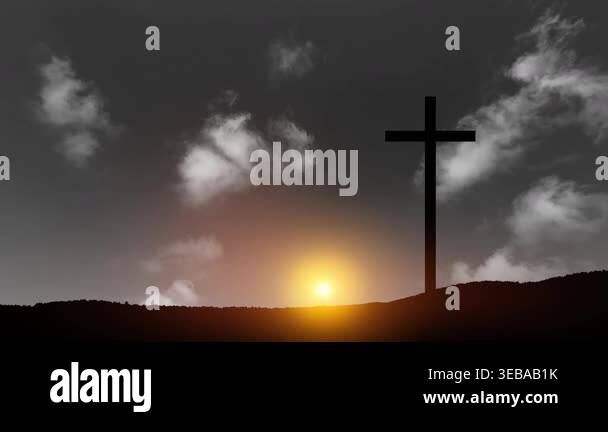 Christian cross on hill outdoors at sunrise. Resurrection of Jesus ...