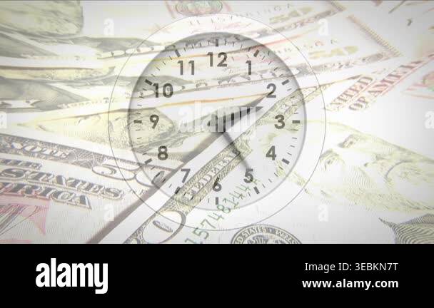 On start faint clock hands moving clockwise over US bills, chain ...