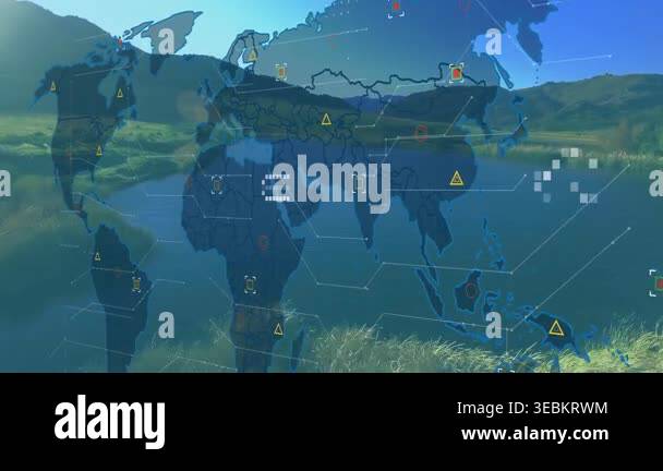 Digital world map overlay covering river landscape, showing hex grid ...
