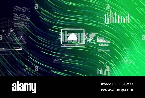 Neon streaks sweeping, cloud laptop icon growing, charts emerging ...