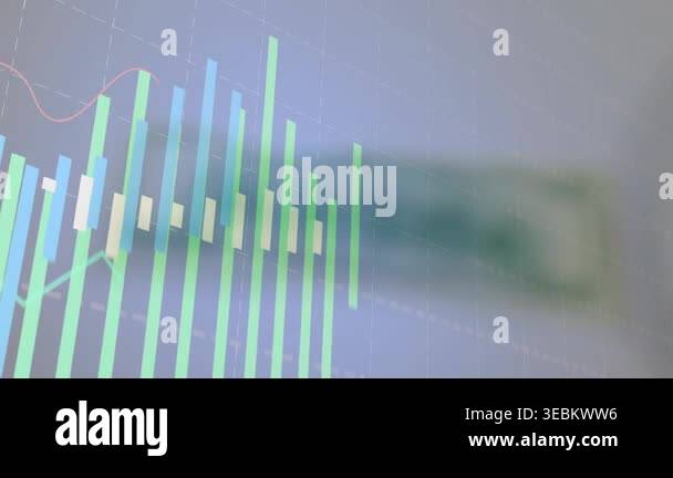 Grid appearing triggers bars rising and line sweeping, banknote sliding ...
