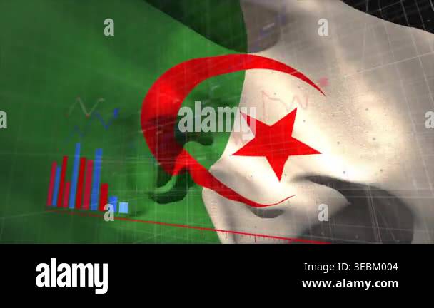 On start Algerian flag waving with folds and data overlays rising to ...