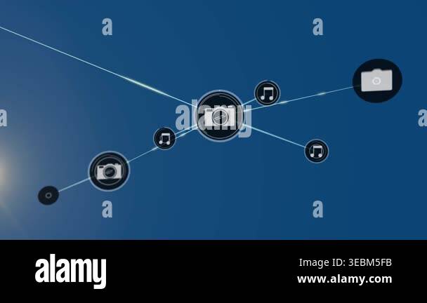 Animation of network of connections with icons over light trails on ...