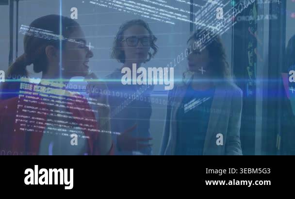 Animation of data processing over diverse female colleagues discussing ...