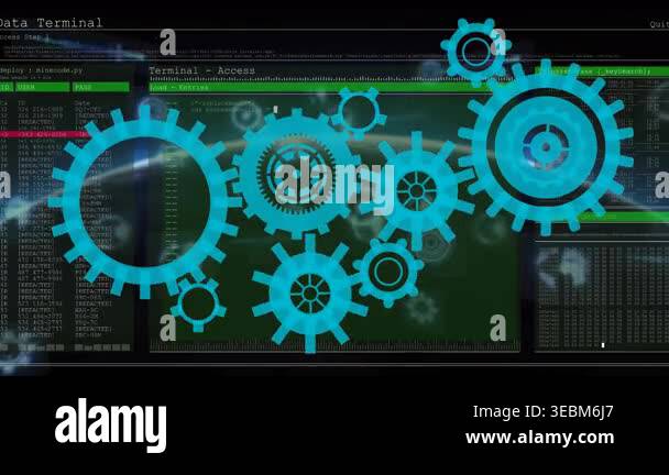 Animation of cogs rotating over diverse data on digital screen. global ...