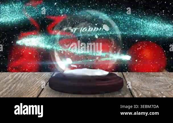 Animation of snow falling over christmas snowball globe with happy ...