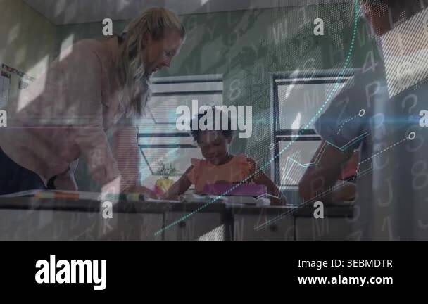 Teacher placing marker on desk, guiding girl writing in classroom for ...