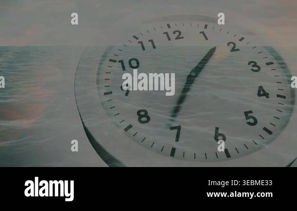 Faint analog clock starting with hands at upper right, rotating while ...