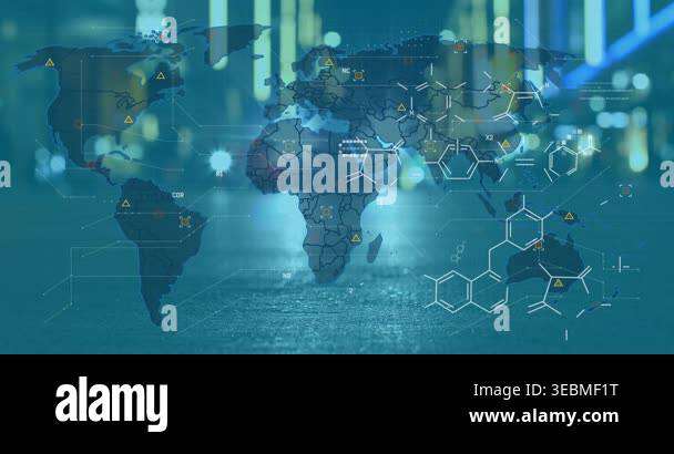 Animation of graphs and chemical formulas over world map and night ...