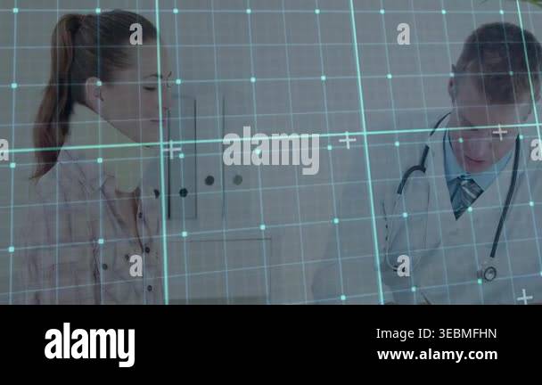 Doctor palpating cervical collar after digital grid overlay appearing ...