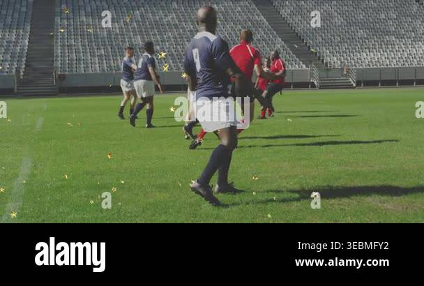 Navy #9 tracking rugby play as red carrier initiating pass, blocking ...