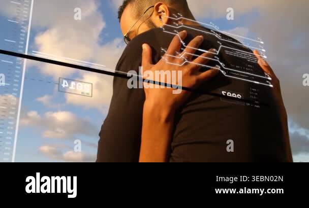 Man standing initiating technology overlay scanning years, woman ...