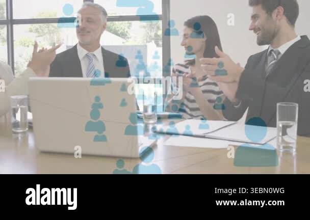 Animation of network of people icons over happy caucasian business ...