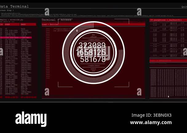 Dark screen switching to red terminal, central HUD rotating and ...