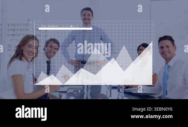 Business presenter gesturing, presenting area chart with rising peaks ...