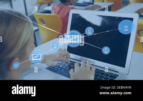Glowing icon appearing triggers student at laptop typing, expanding ...