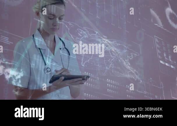 Animation of data processing and world map over caucasian female doctor ...