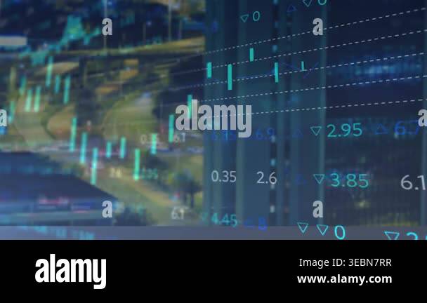 Ariel target over the city with financial data and graphs superimposed ...