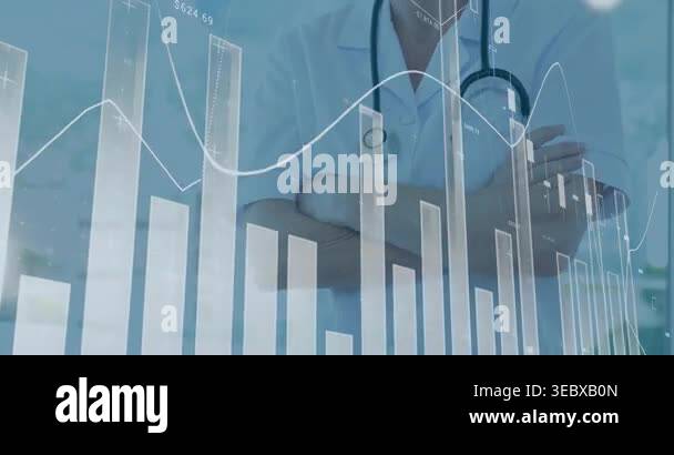 Female doctor wearing lab coat standing behind digital financial bar ...