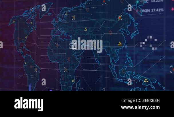 Stylized digital world map interface streaming data clusters, tracking ...